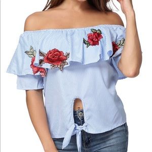 Stripe Ruffle Off Shoulder Rose Embroider Blouse